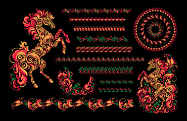 Vector colorful collection set illustration of horse made of Khokhloma patterns and ornaments, the symbol of the 2026 Chinese New Year. Vector illustration