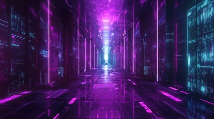 Digital data server corridor with futuristic neon lighting