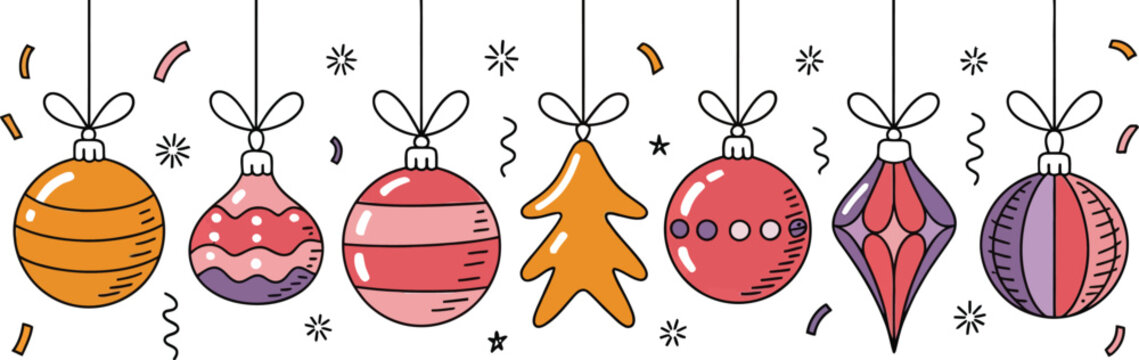 A charming collection of colorful outline Christmas ornaments strung with ribbons, surrounded by festive confetti and snowflakes, perfect for holiday season designs and greetings