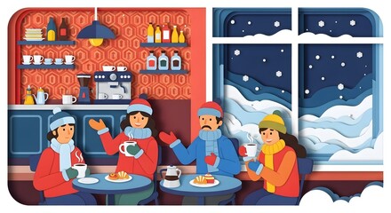 Cozy cafe scene with diverse friends enjoying hot drinks and pastries indoors during snowy winter, paper cut style illustration