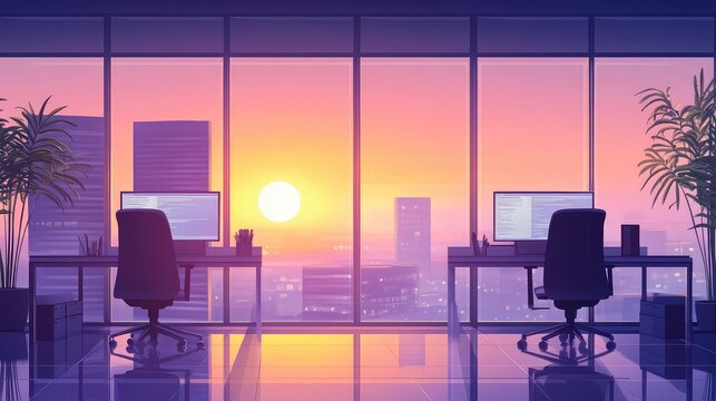 Empty modern office interior at sunset with city view