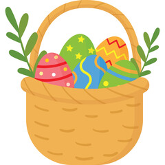 Woven Easter Basket Filled With Colorful Decorated Eggs and Green Sprigs Featuring a Transparent Background