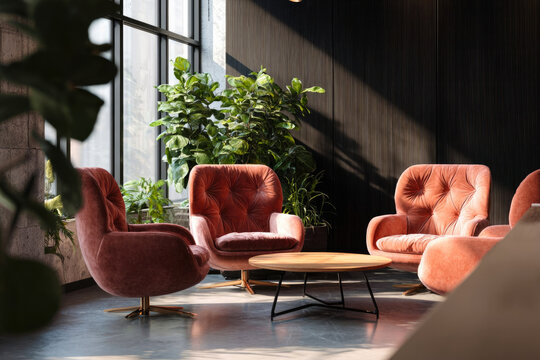 Hotel lobby with soft chairs, table and plants.