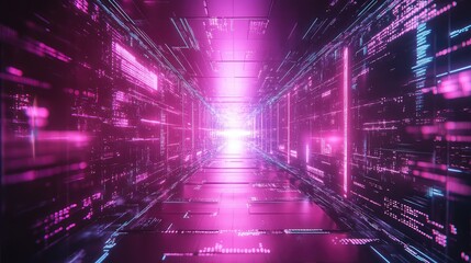 Digital data tunnel with glowing pink neon code