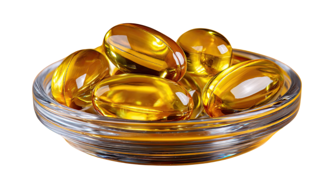 Nutrition in a bowl: a visual narrative of health and wellness, showcasing translucent gel capsules, each a beacon of vitality. A close-up view accentuates the individual pill.