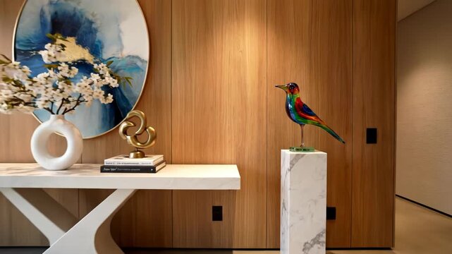 Elegant entryway console table with artwork, vase, and decorative bird sculpture