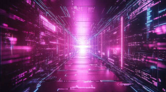 Digital data tunnel with glowing pink neon code - Powered by Adobe