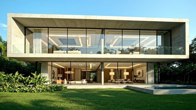 Elegant concrete residence with expansive glass walls and lush green surroundings
