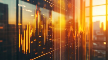 Financial data charts reflecting on modern office window