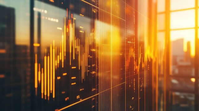 Financial data charts reflecting on modern office window