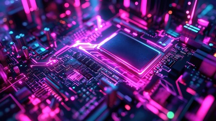 Obraz premium Electronic circuit board glowing with neon cyber lights