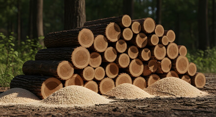 Stacked logs and sawdust piles in a forest clearing ready for lumber production use