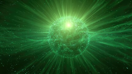 Green energy sphere radiating light in space