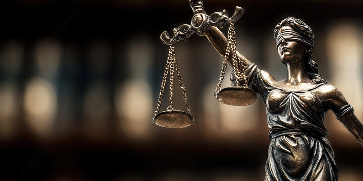 Figurine representing blind justice with scales and sword in a court environment