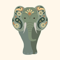 Indian elephant in traditional oriental style. Ornate colorful elephant paisley patterned, design for print, cards, textile, t-shirt. Hand drawn vector illustration.