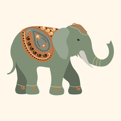 Indian elephant in traditional oriental style. Ornate colorful elephant paisley patterned, design for print, cards, textile, t-shirt. Hand drawn vector illustration.