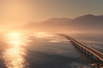 Obraz premium An endless bridge stretching over calm ocean waters at sunrise, bathed in warm golden light.