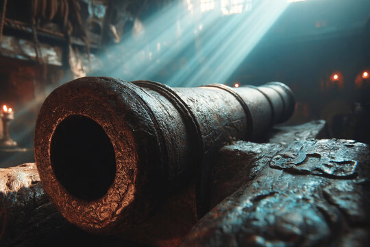 Medieval galleon cannon prepares for cannonball volley in a dimly lit setting
