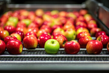 A conveyor belt with apples at a factory