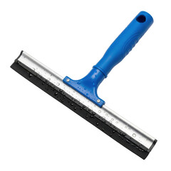 A close-up shot of a blue-handled window squeegee with a black rubber blade.