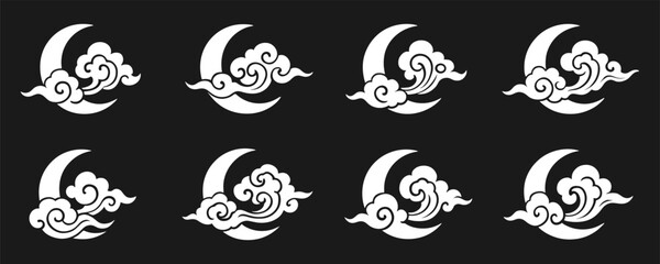 Obraz premium Crescent moon and swirling clouds in oriental style. White shapes on dark background symbolize calm and harmony. Suitable for night sky or Asian art themes