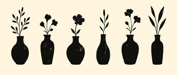 Stylized vases with delicate plants and flowers. Artistic silhouettes on soft beige background evoke natural elegance. Great for home, botanical, or craft projects
