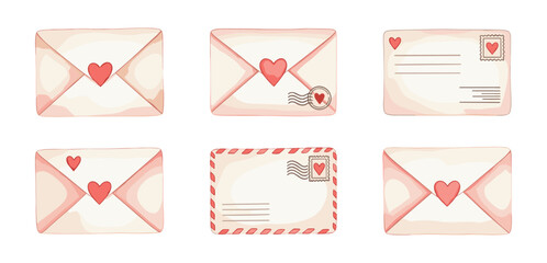 Love letters and envelopes with heart seals. Soft pastel tones convey warmth and intimacy. Perfect for Valentine’s Day, romance, or correspondence themes