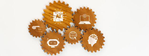 A visually striking arrangement of wooden gears featuring icons that symbolize artificial intelligence and technology, set against a minimalist white background, representing innovation. Amity