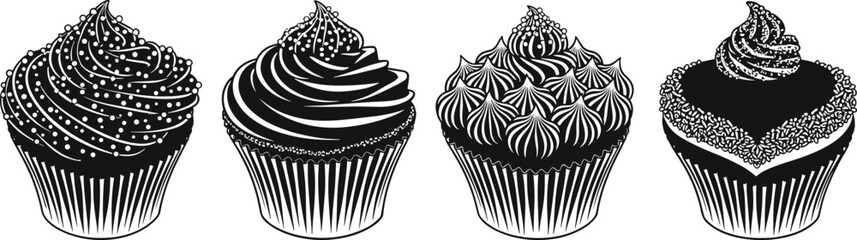Four black and white stylized cupcakes with decorative frosting and sprinkles dessert