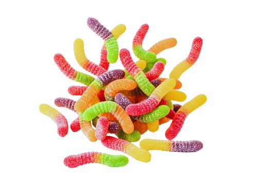 Pile of colorful gummy worms isolated on transparent background