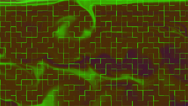 Abstract green and brown digital grid with flowing organic shapes