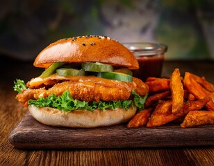 a delicious burger with crispy chicken lettuce and sweet potato fries on a rustic table