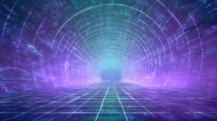 Retro futuristic neon grid tunnel in digital space