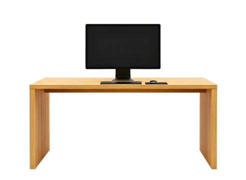 Modern wooden desk with computer isolated on transparent background
