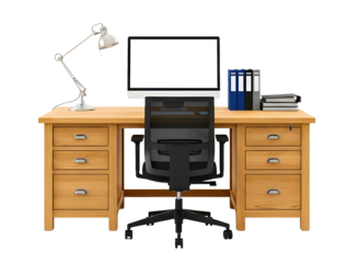 Wooden desk with computer and office chair isolated on transparent background