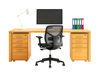 Modern office desk with chair, lamp, and monitor isolated on transparent background