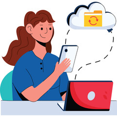 Woman Using Mobile Device and Laptop with Cloud Storage Icon and Data Synchronization Symbol on Transparent Background