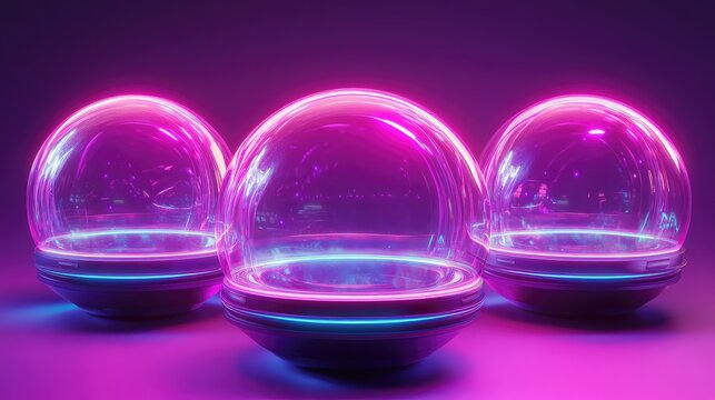 Empty futuristic glass display spheres with neon lights - Powered by Adobe