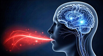Human Head Brain Profile with Glowing Neural Pathways to the Mouth