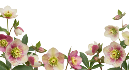 Delicate pink and white hellebore flowers with green leaves, creating a beautiful floral border for your designs