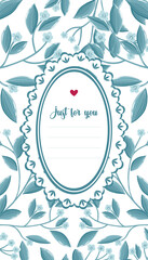 A delicate floral design featuring blue flowers and leaves surrounding a heart with the phrase "just for you" in a white oval frame. Perfect for greeting cards, invitations, or any romantic occasion