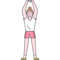 Woman with blonde hair in a bun wearing a white t-shirt and pink shorts with yellow shoes performing a stretching exercise with arms raised overhead against a transparent background