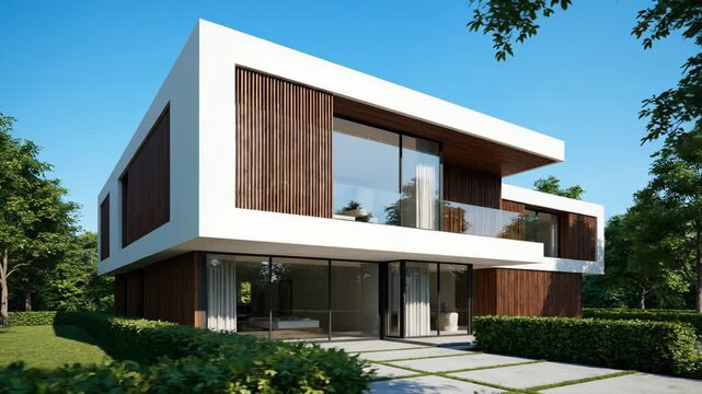 Sleek modern contemporary house with large glass windows and wooden facade details
