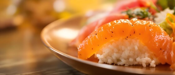 Close-up of fresh salmon sushi on a plate with a warm, blurred background featuring ample copyspace for adding text. Ideal for restaurant promotions, Asian cuisine marketing and menus.
