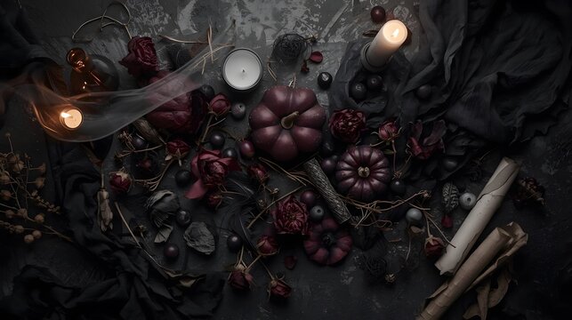 Gothic Halloween still life flat lay on a dark stone or wooden background, featuring black and white candles, dried roses, small pumpkins, old parchment, feathers, and subtle smoke effect, haunting  - Powered by Adobe