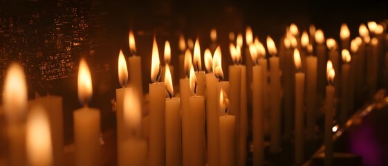 A row of burning candles glowing in a dark spiritual setting, symbolizing prayer, remembrance, peace, and meditation. Ideal for themes of spirituality, faith, memorials, and tranquil ambiance.