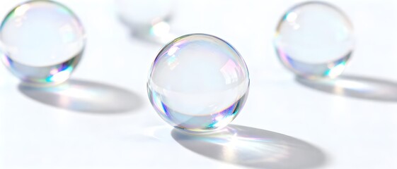 Minimalistic composition of transparent glass spheres casting soft shadows and iridescent reflections on a bright white background.