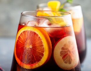 refreshing fruit sangria with apple orange lemon and ice on a neutral backdrop close up with selective focus