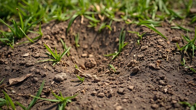 spodumene. Small depression in lawn with scattered soil fragments and textured ground. real-estate listings, architecture portfolios, designed for real-estate listing and luxury residence showcases.
