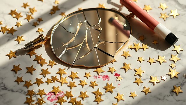 exemplification. Broken makeup mirror with scattered gold star stickers and lipstick marks on marble surface. lifestyle magazines.